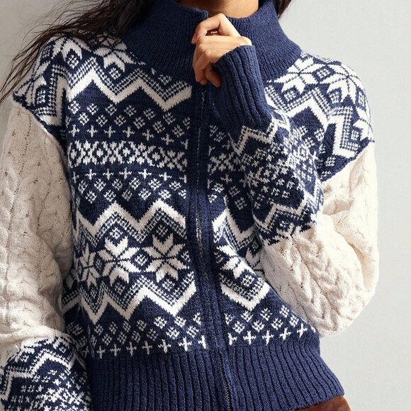 Womens Blue High Neck Zip up Fair Isle Print Chunky Cable Knit Cardigan - Picture 2 of 8